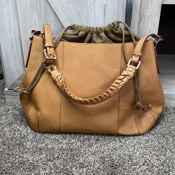Calvin Klein Tan Leather Saddlebag Canvas Drawstring Woven Handled Bag Rare - Picture 2 of 11